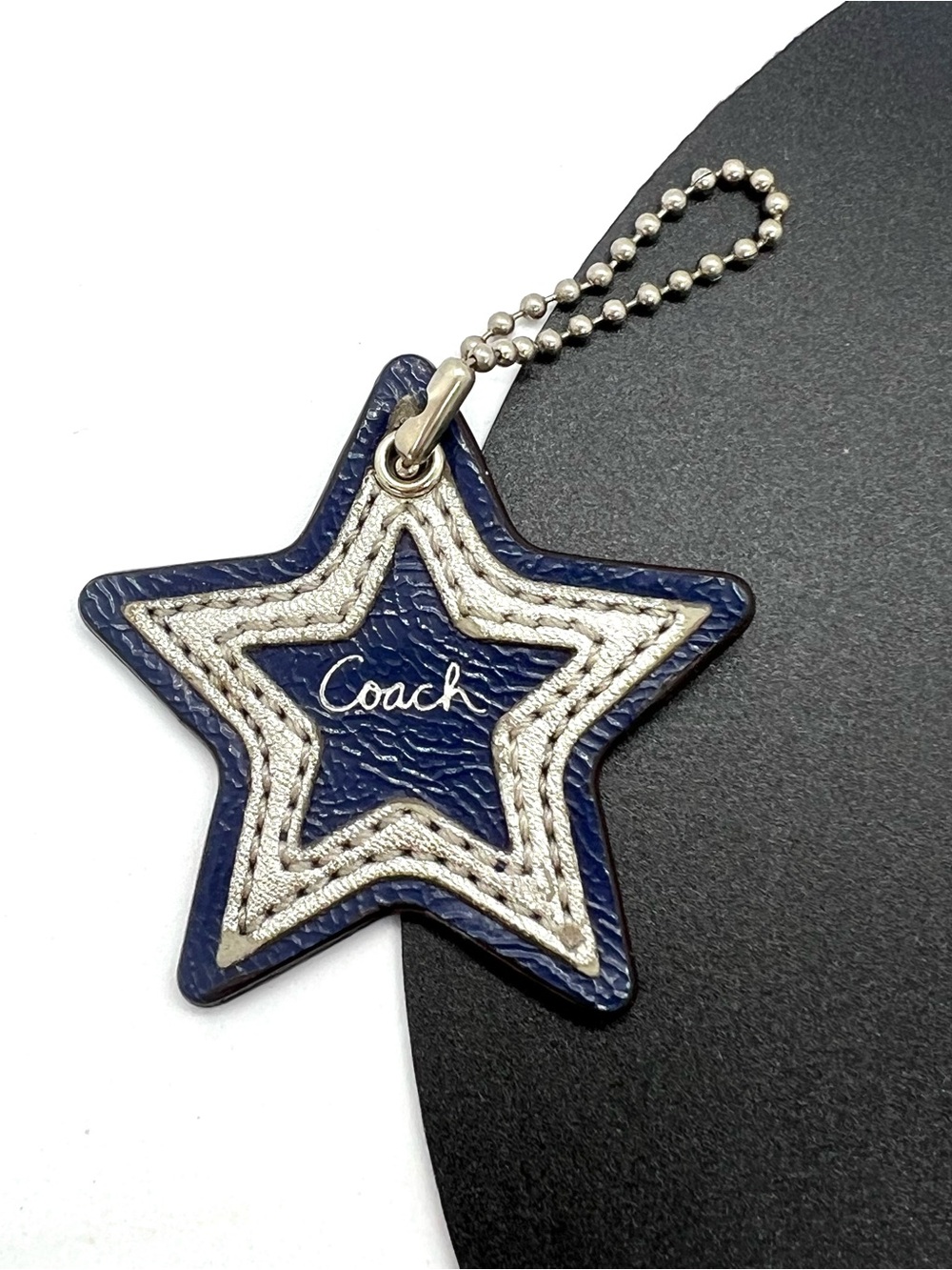 Vintage Coach Poppy Star Leather Bag Charm Key Fob Hangtag Navy Silver